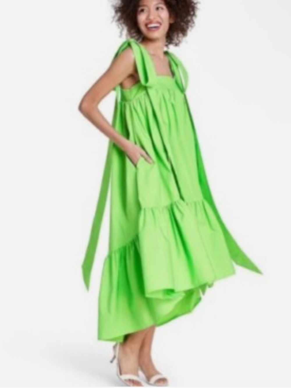 Christopher John Rogers Neon Lime Tiered Tie-Shoulder Midi Dress